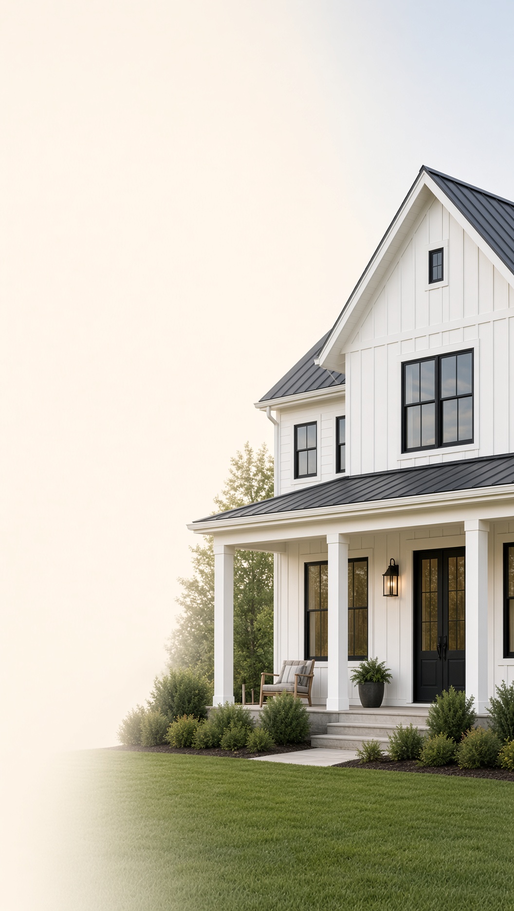 Freshly painted white home exterior with dark trim