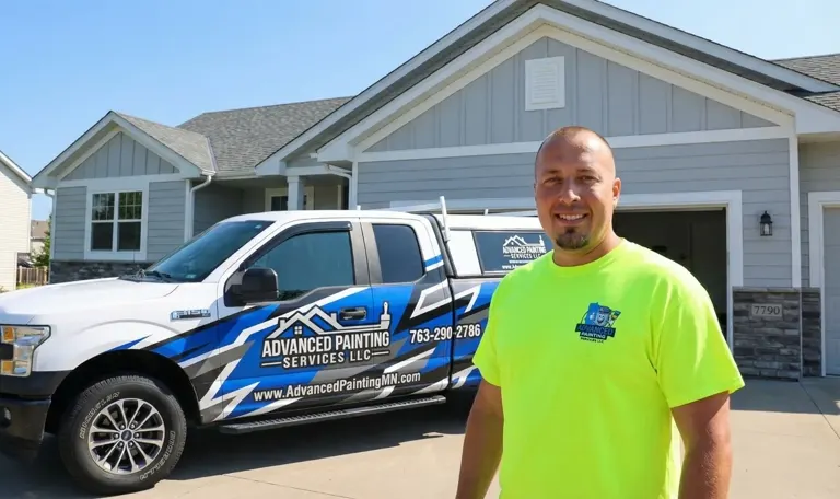 Cody Morrison, owner of Advanced Painting Services, standing with his work truck